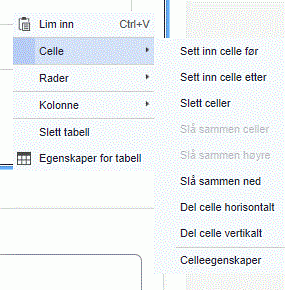 Ved å høyreklikke i tabellen kan du sette egenskaper på cellenivå