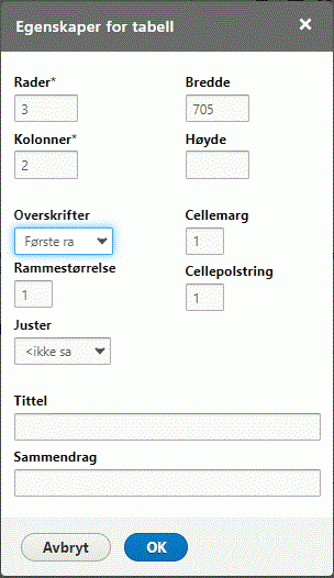 Egenskaper for tabell redigeres i egen boks