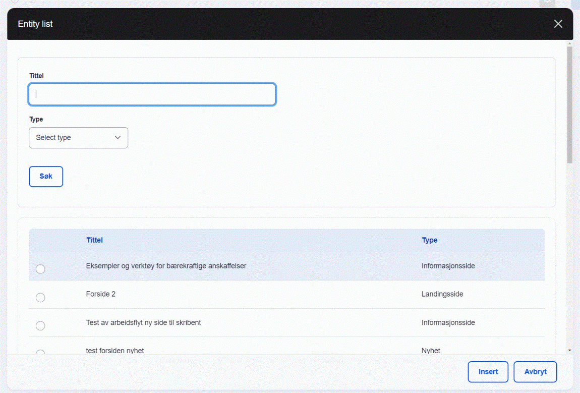 Skjermbilde som viser at man får opp et visst utvalg om man søker opp tittel og velger type