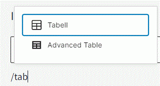Teksten "/tab" gir et popup-vindu der du kan velge blokken Tabell