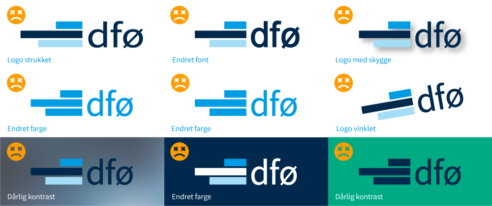 Eksempler på feil bruk av logoen: strekke logoen, endre font, ha logo med skygge, endre farge, vinkle logoen, ha dårlig kontrast