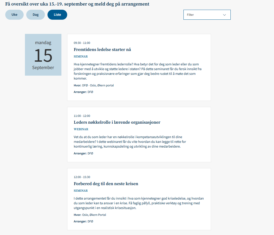 dagsvisning i en kalender av flere arrangementer på en og samme dag.
