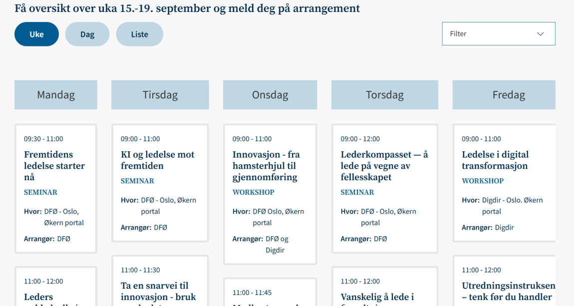 Bilde av hvordan en ukeskalender ser ut med diverse arrangementer spredt over dager.